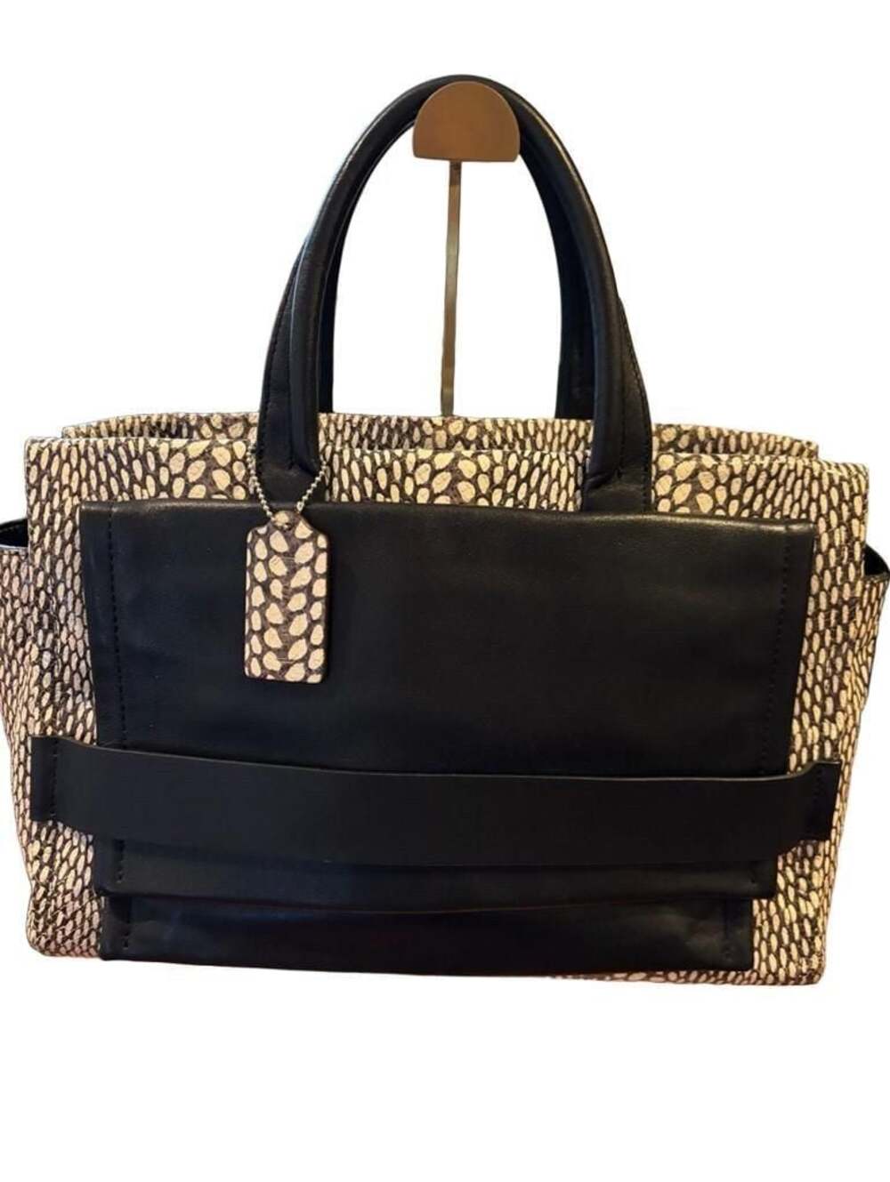COACH F28303 Painted Snakeskin Leather Carryall Satchel Black & White